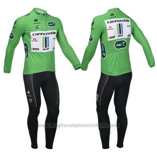 2013 Abbigliamento Ciclismo Cannondale Lider Verde e Bianco Manica Lunga e Salopette